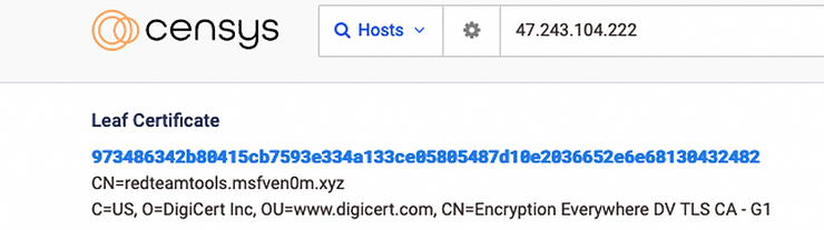 SSL certificate for 47.243.104.222 referencing redteamtools.msfven0m[.]xyz