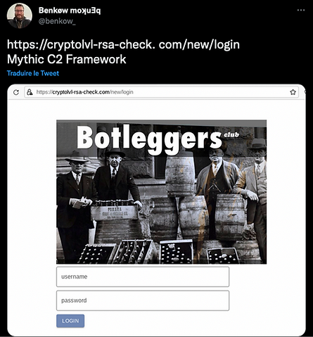 Mythic C2 login panel displaying the Botleggers Club image instead of the default Mythic logo