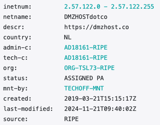 RIPE WHOIS record associating the 2.57.122.0/24 subnet with dmzhost[.]co