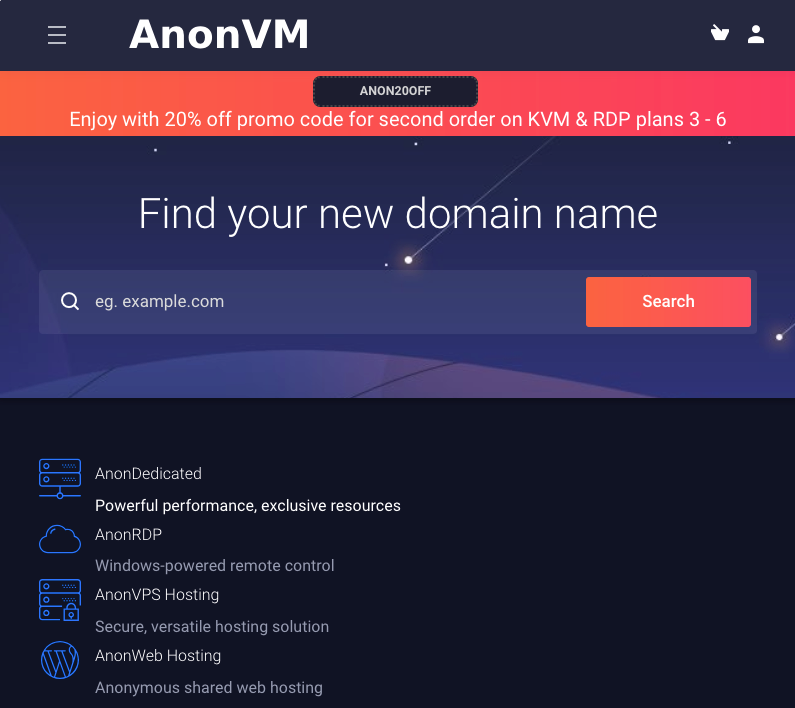 anonvm[.]wtf website advertising cloud hosting services linked to MortalSoft Ltd