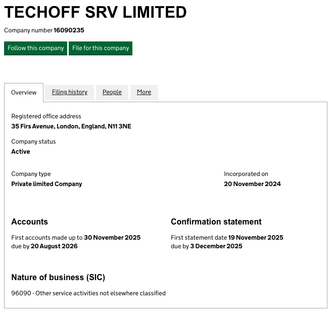 WHOIS record referencing TECHOFF SRV LIMITED with a London registered address