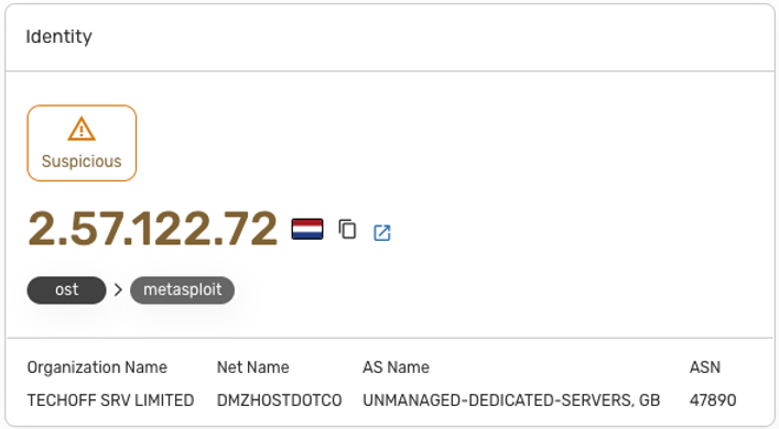 X.509 certificate and inbound TCP/3790 traffic identifying 2.57.122.72 as a Metasploit C2 server
