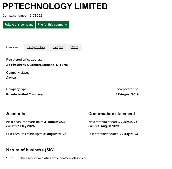 Companies House filing history showing PPTECHNOLOGY LIMITED dormant since August 2019