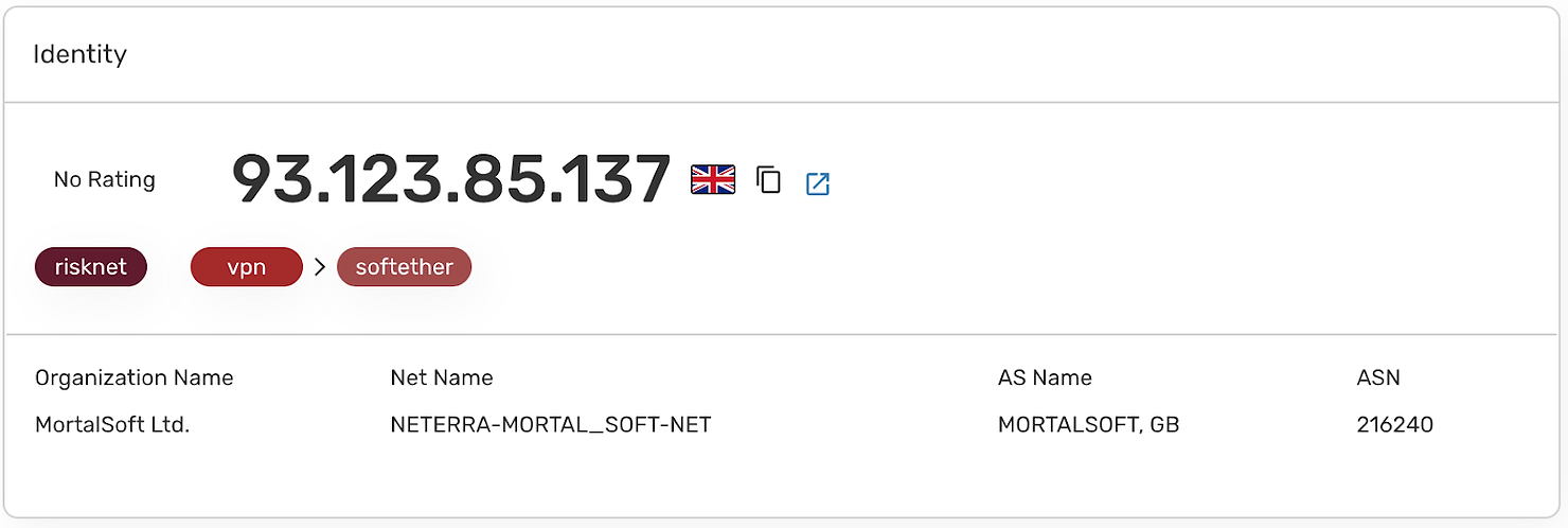 Pure Signal search results showing the risknet tag on IP addresses in high-risk networks