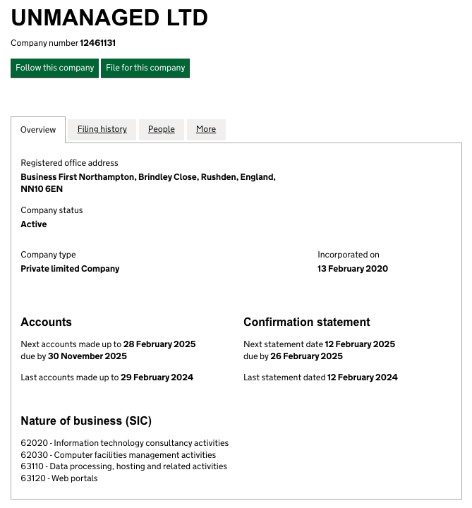 Companies House filing for UNMANAGED LTD listing a business address in Rushden, England