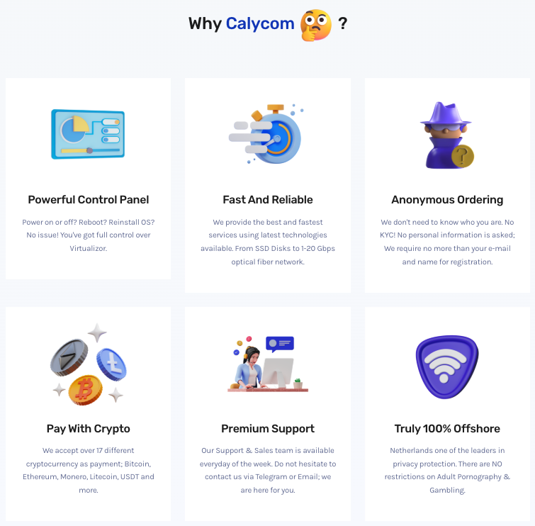 Calycom hosting website advertising offshore servers paid with cryptocurrency and no know your customer checks