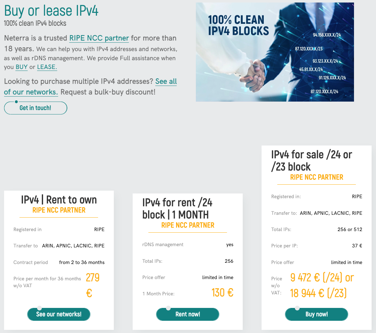 Neterra Cloud offering IPv4 address space for lease and sale
