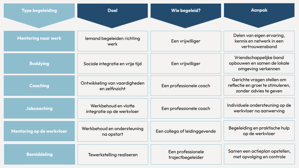 graphic met verschil tussen begeleiding, doel, rol en annpak : mentoring, buddying, coaching
