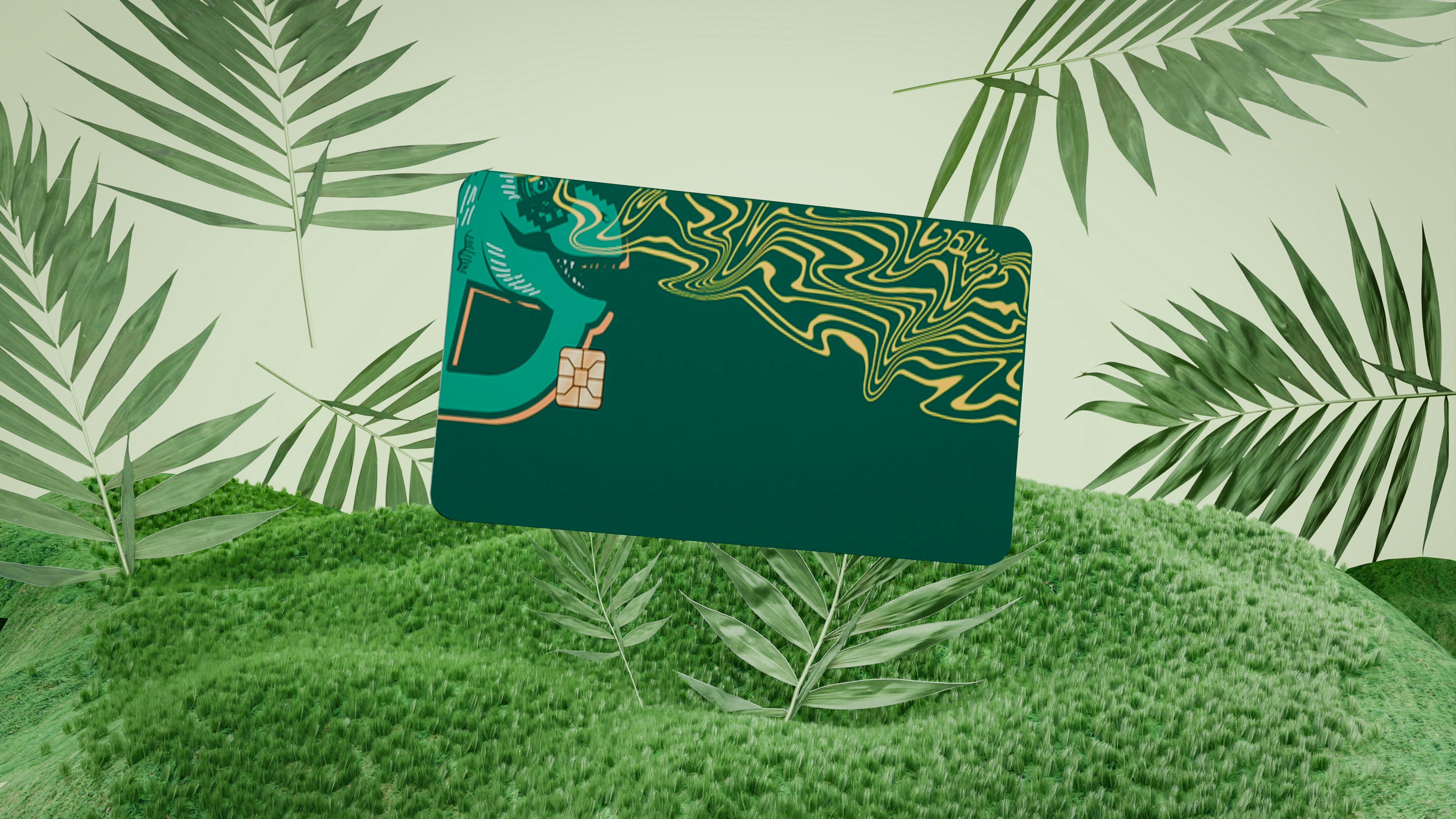 a card with a design on it surrounded by plants
