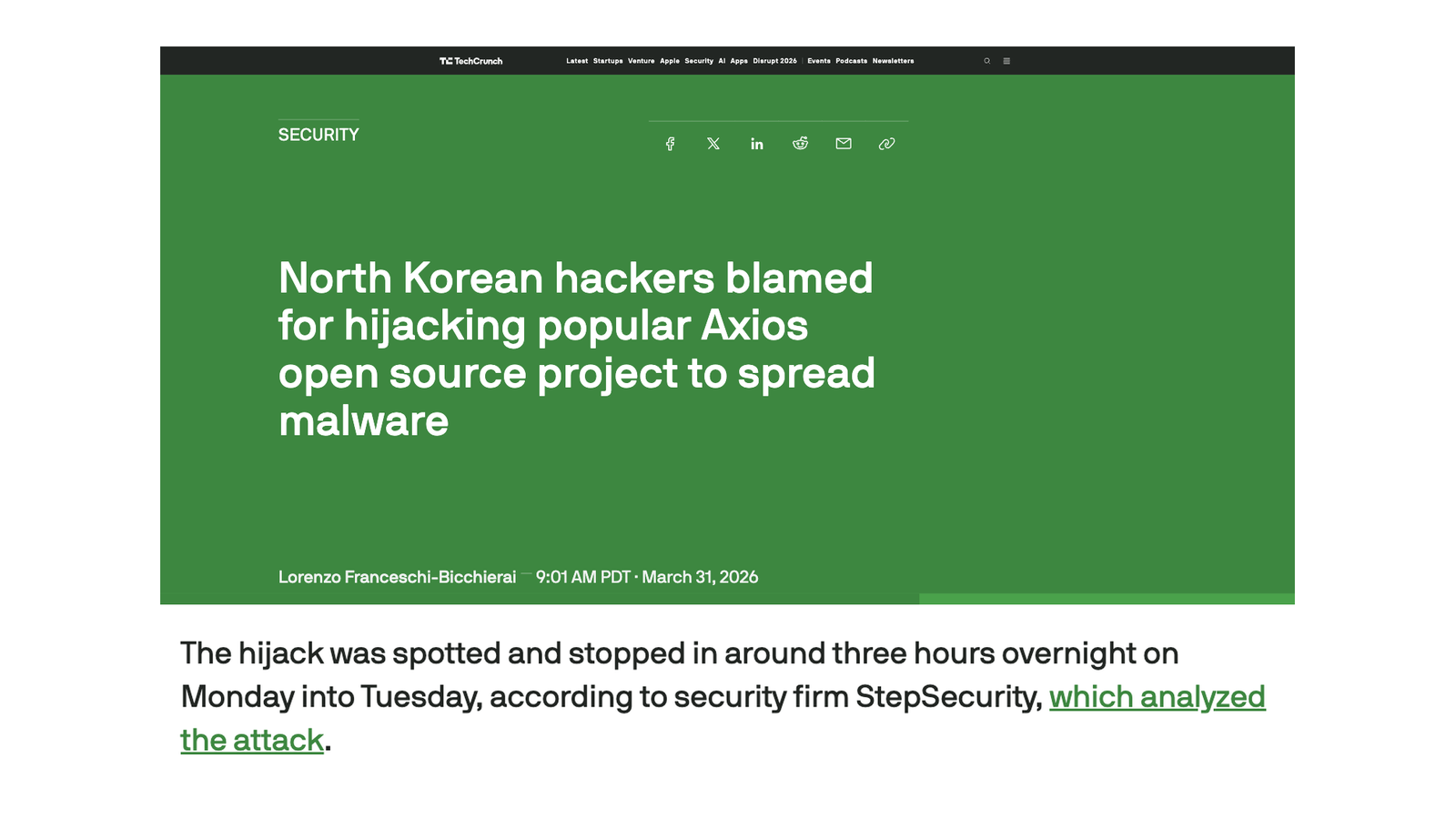 TechCrunch article crediting security firm StepSecurity for analyzing the axios attack