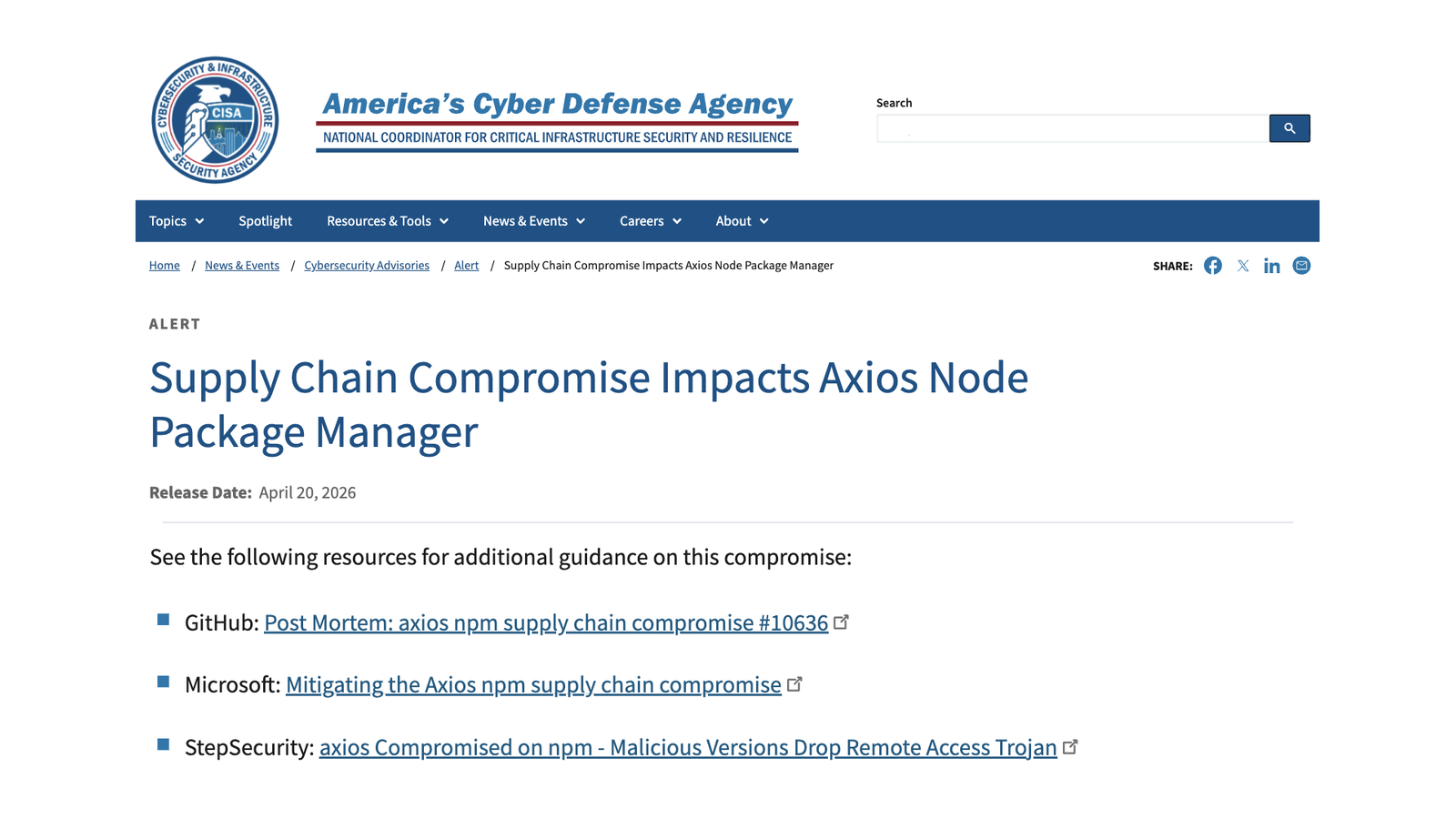 CISA advisory citing StepSecurity research alongside GitHub and Microsoft