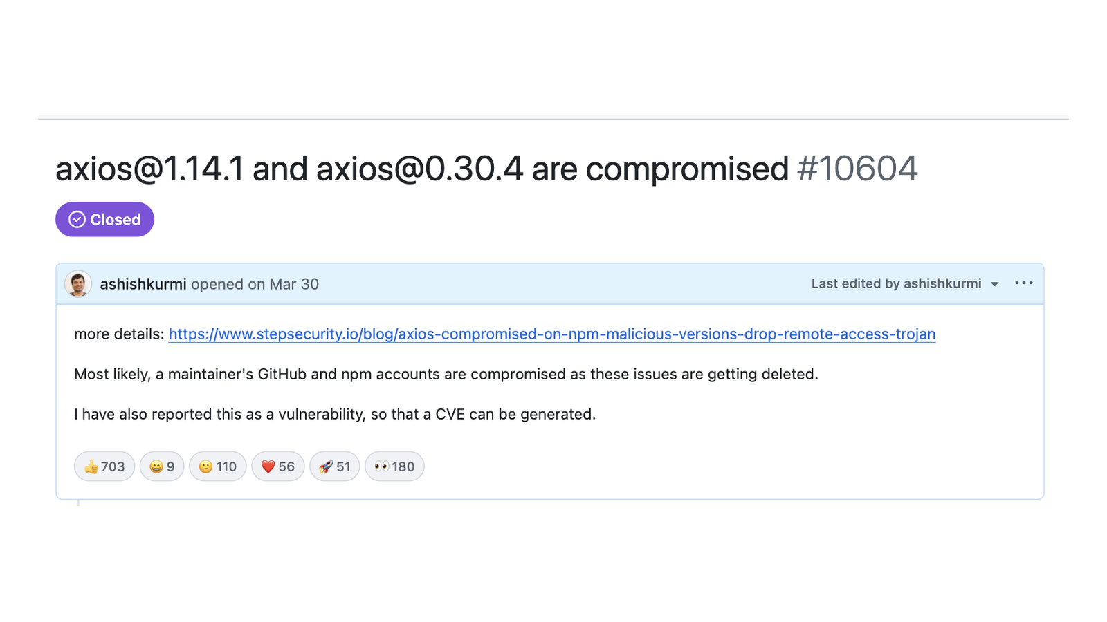 GitHub issue filed by StepSecurity reporting the compromised axios versions