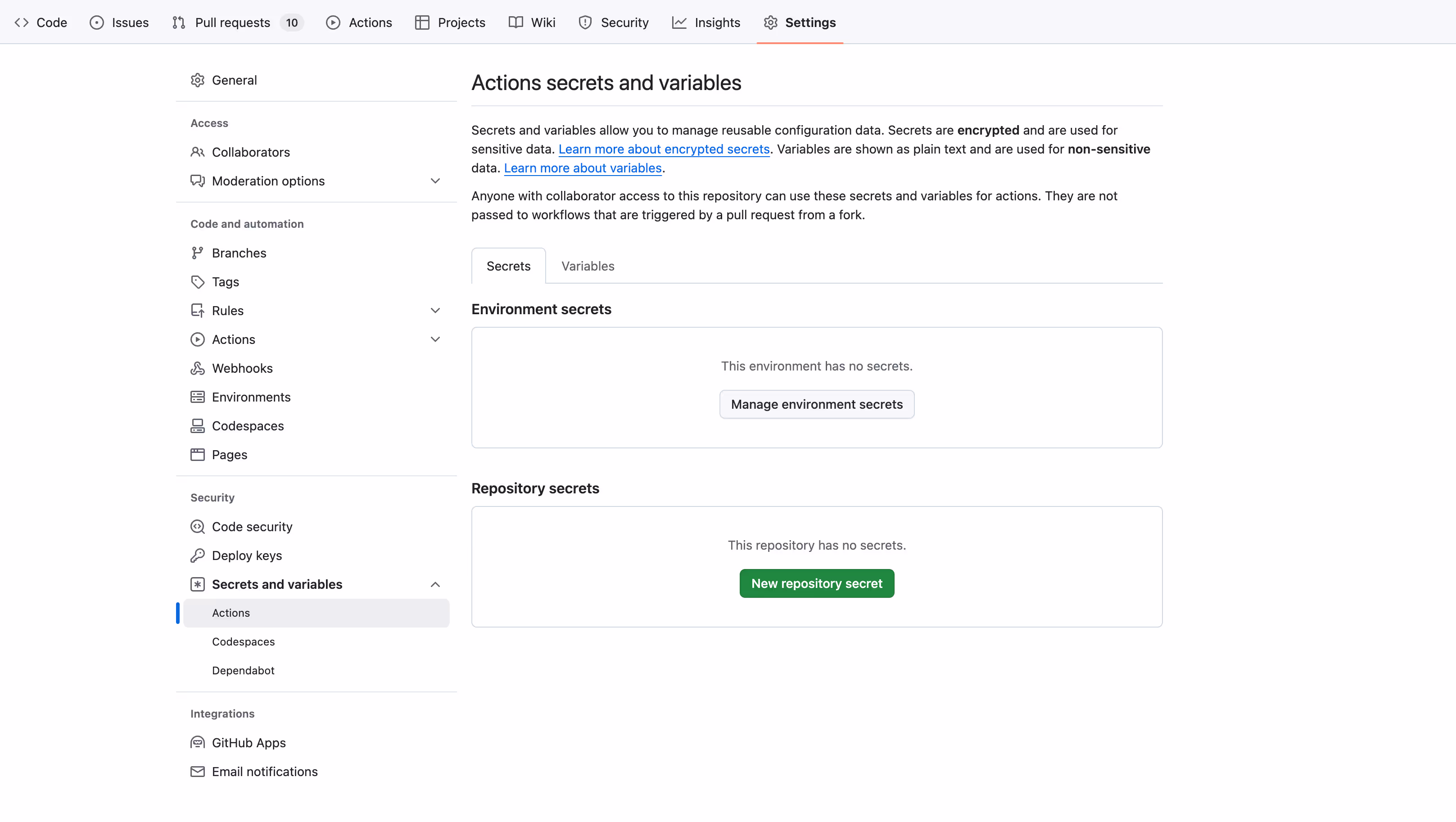 Screenshot showing the "Actions secrets and variables" page