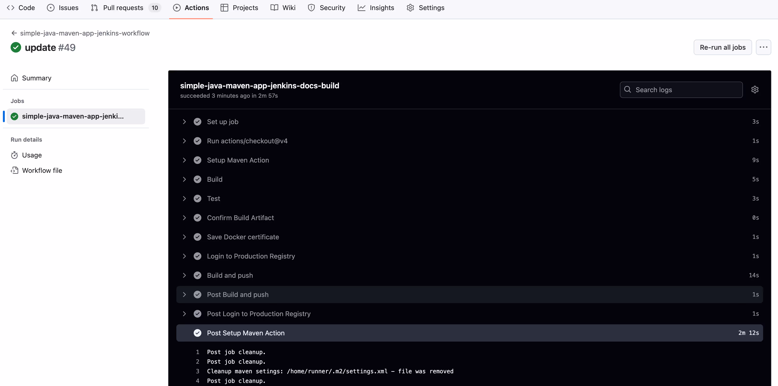 Screenshot showing green checkmark on the left and success logs