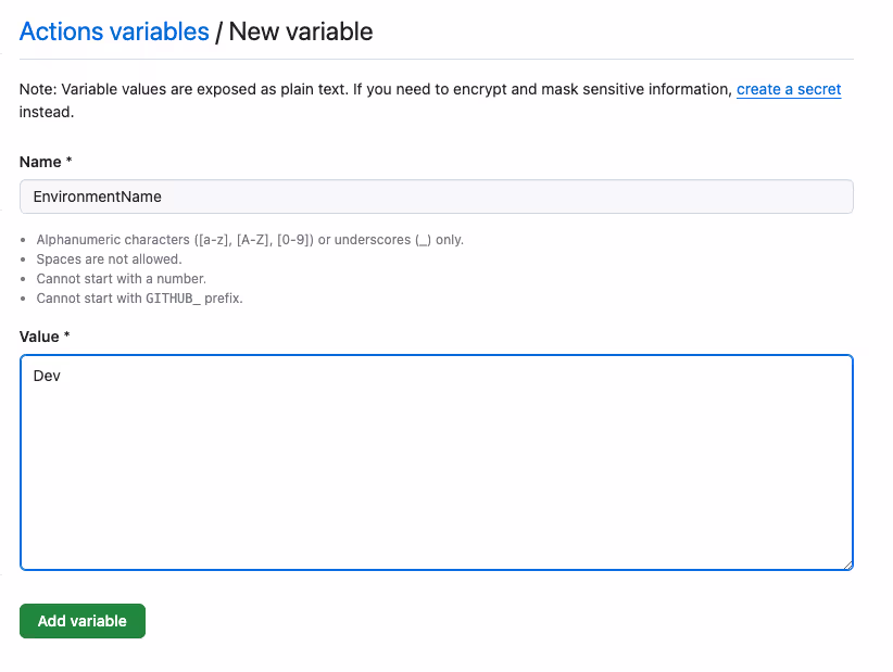 Screenshot showing the creation of a new Action variable