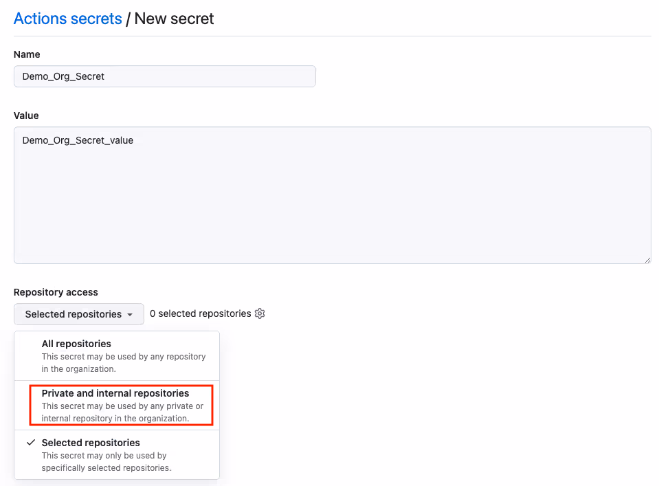 Screenshot showing how to set your repositories to be private and internal