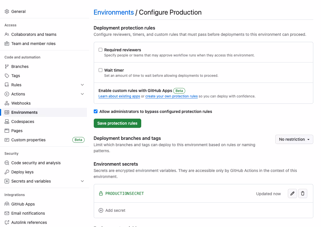 Screenshot showing usage of environment secrets to secure a production secret