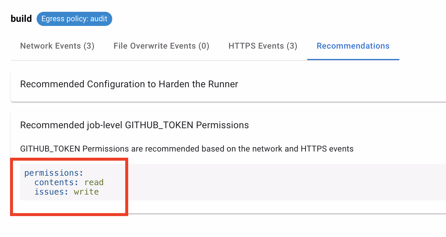 Screenshot of StepSecurity recommending GITHUB_TOKEN permission for a workflow