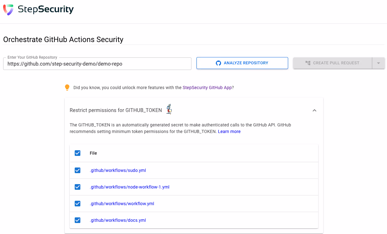 Screenshot of the StepSecurity app calculating minimum token permissions