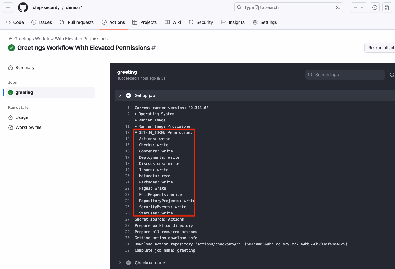Screenshot of a build log for a demo workflow run  