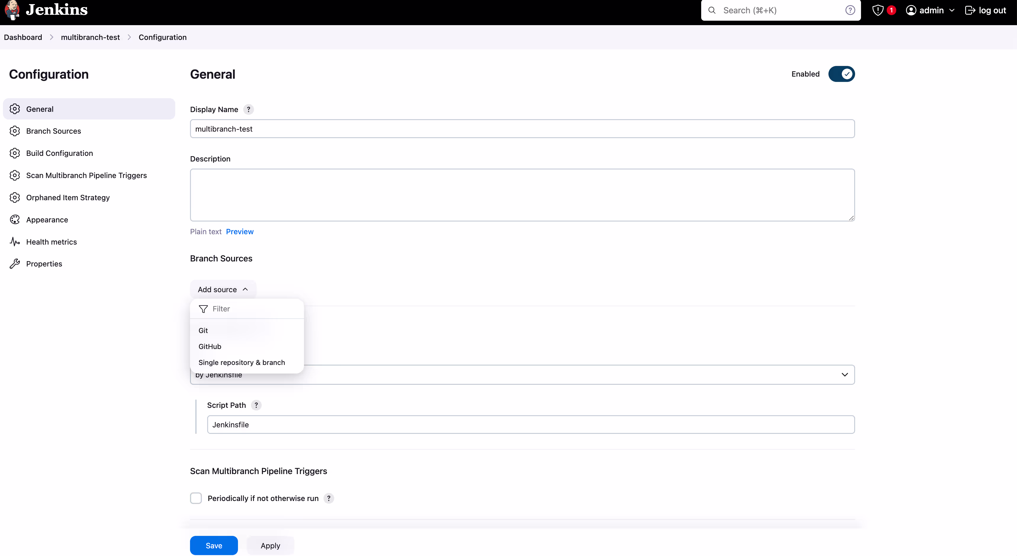 Screenshot showing a "Multibranch Pipeline Configuration" page