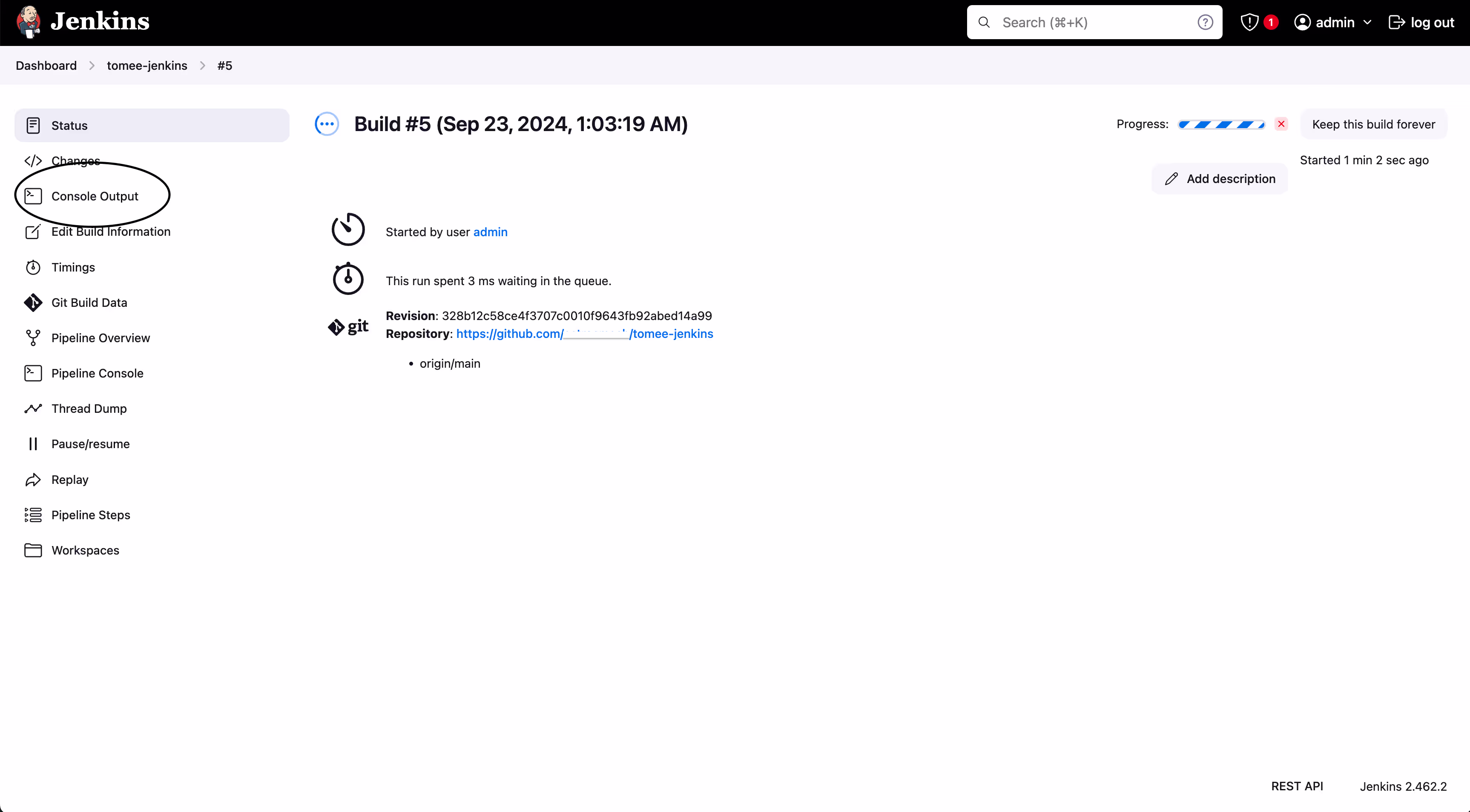 Screenshot highlighting the "Console Output" option