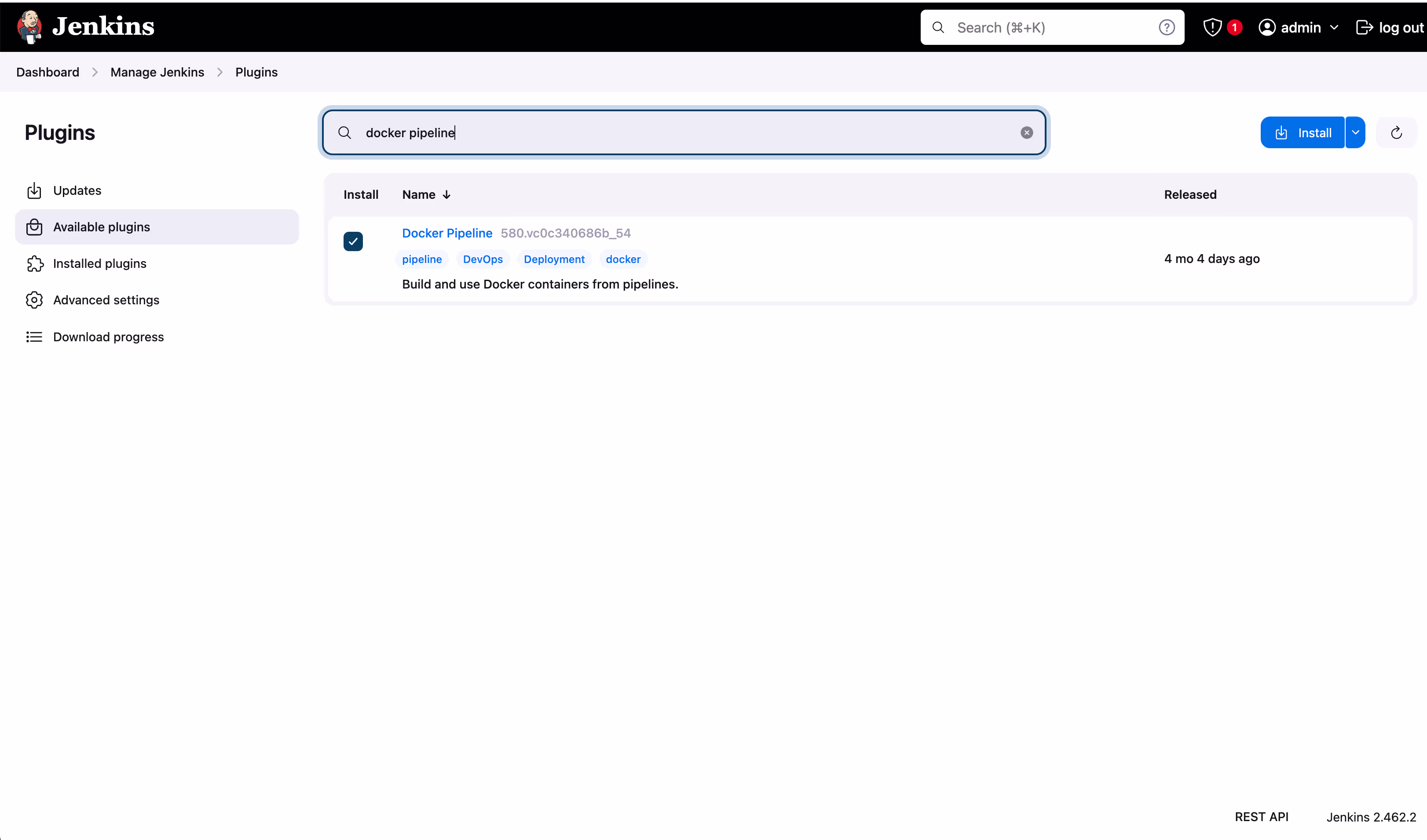 Screenshot showing the "Available plugins" page