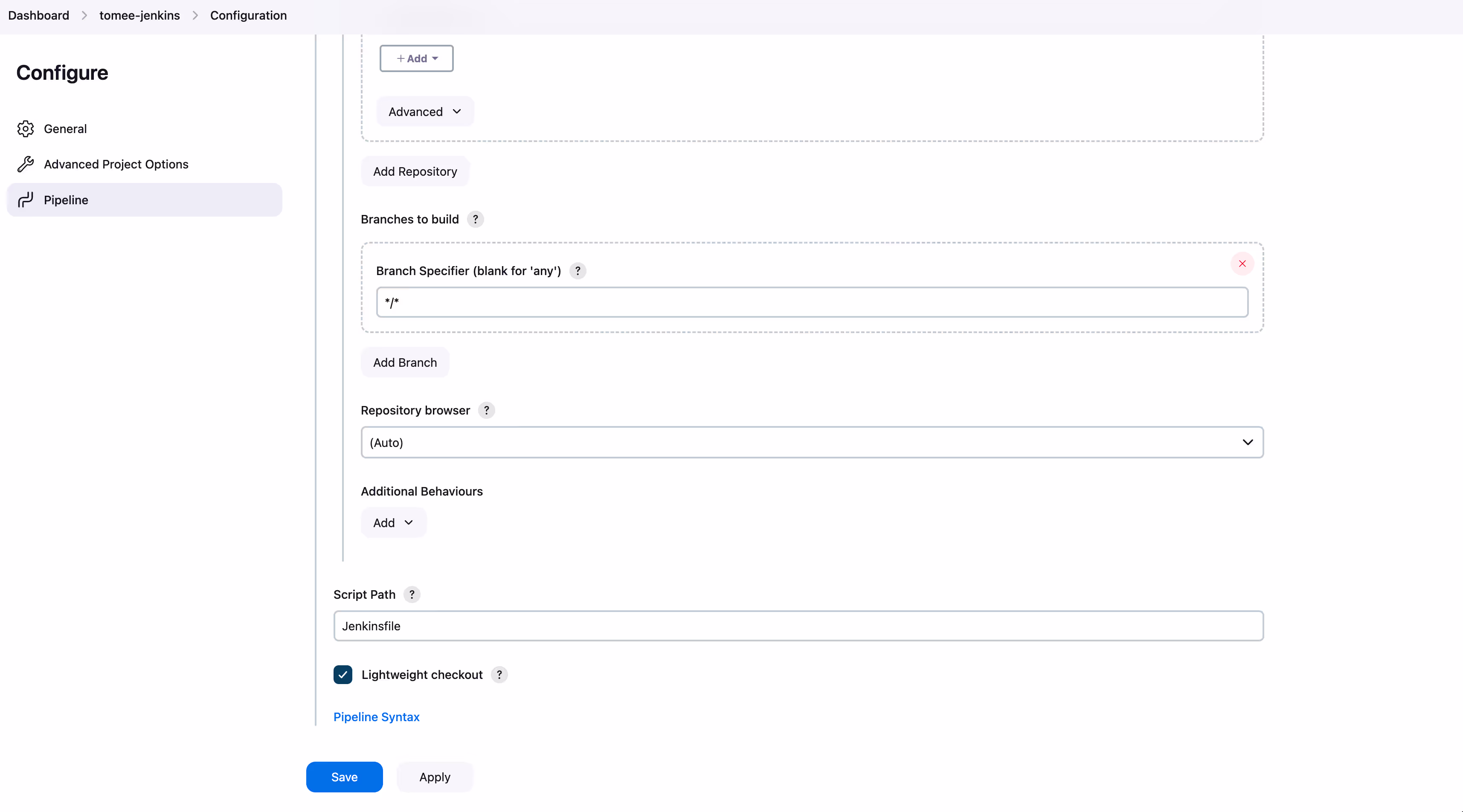 Screenshot showing the "Branch Specifier" option to be filled