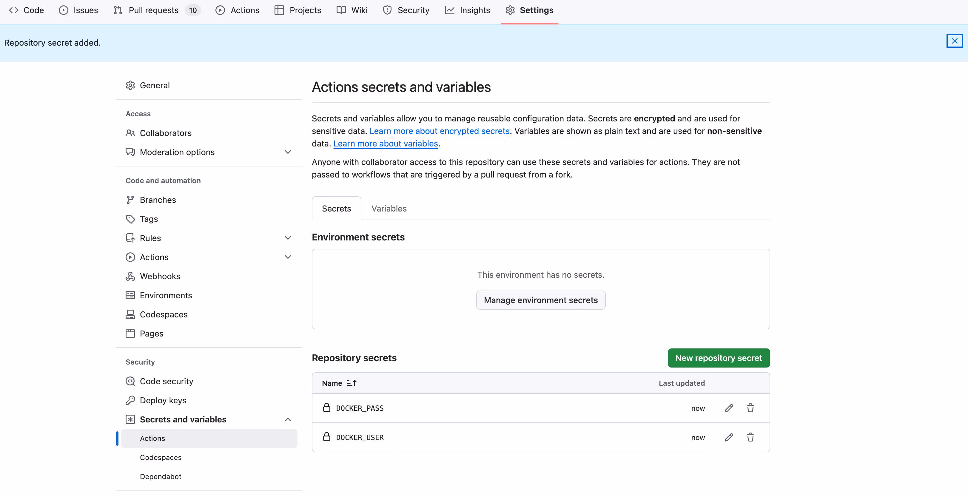 Screenshot showing how to add a new repository secret