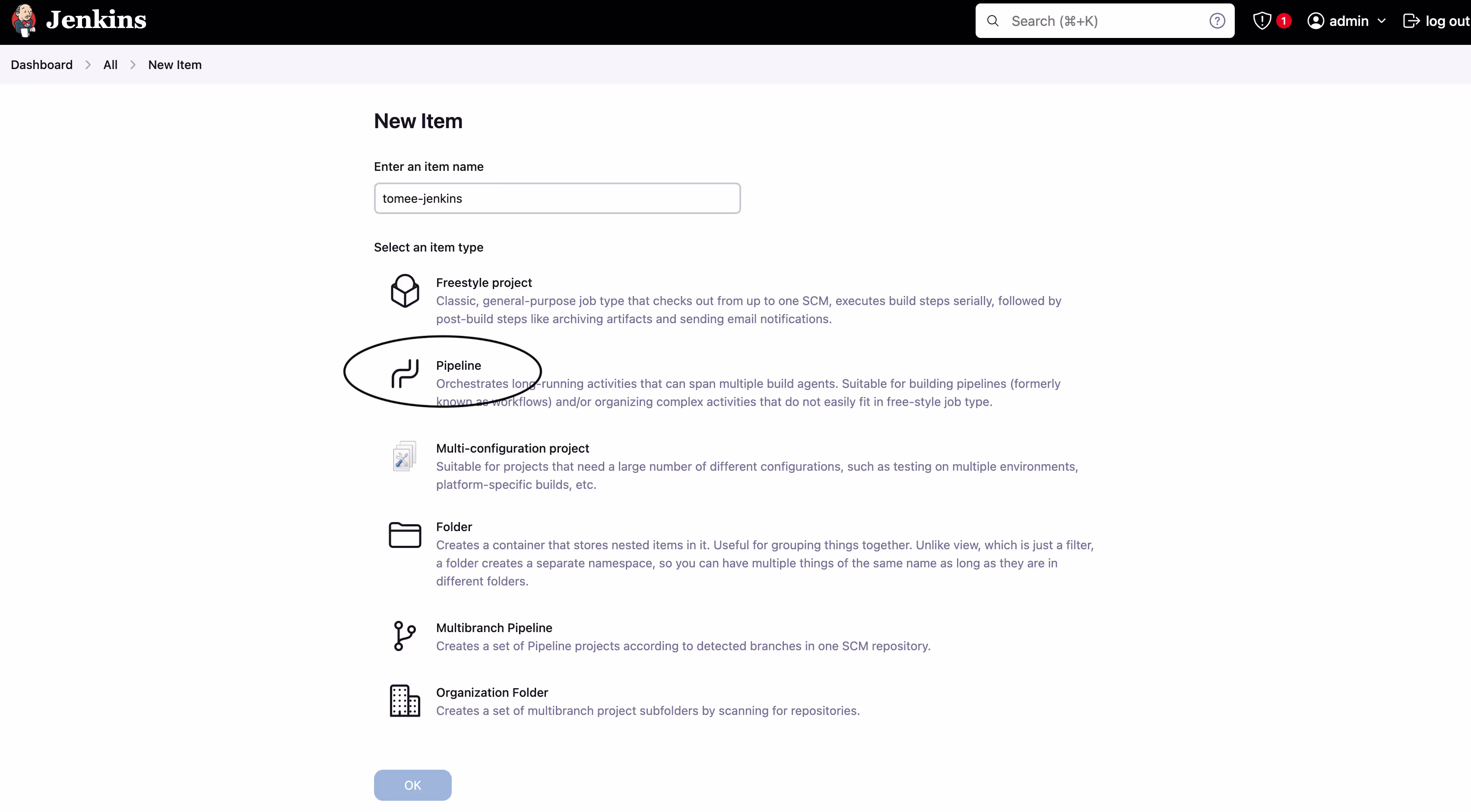Screenshot highlighting the "pipeline" option under "New Item"