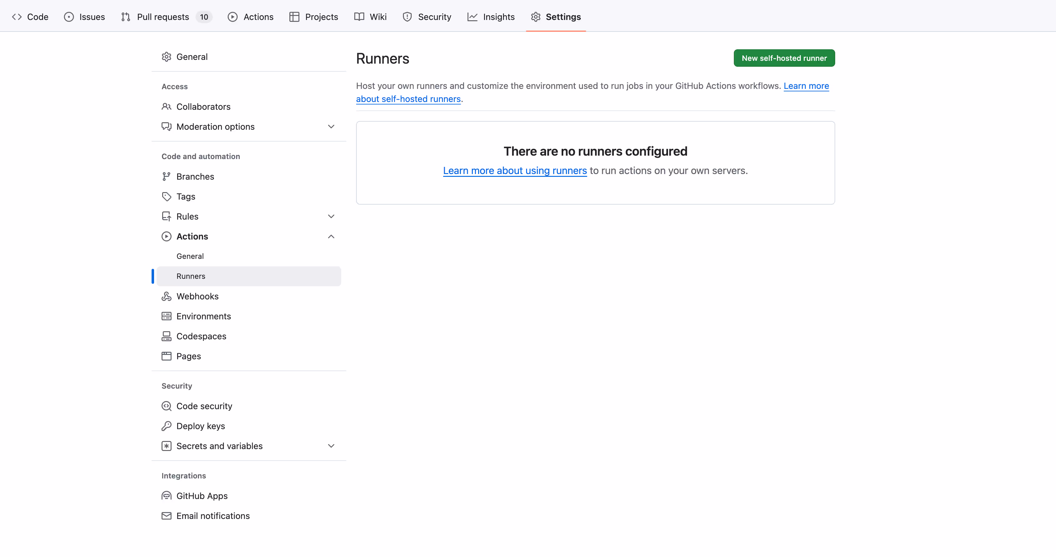 Screenshot showing the "Runners" page under settings