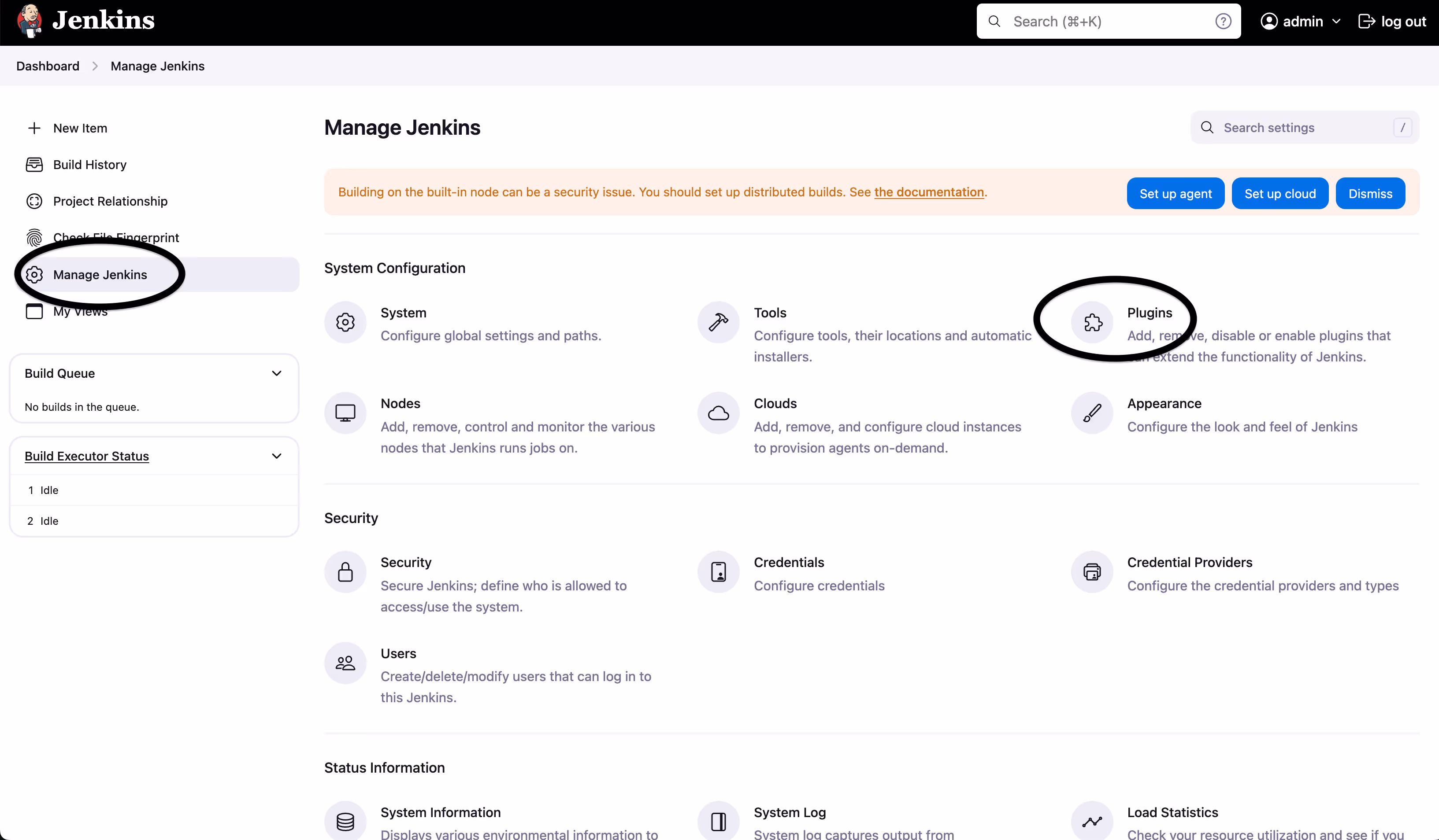 Screenshot showing the "Plugins" option under "Manage Jenkins"