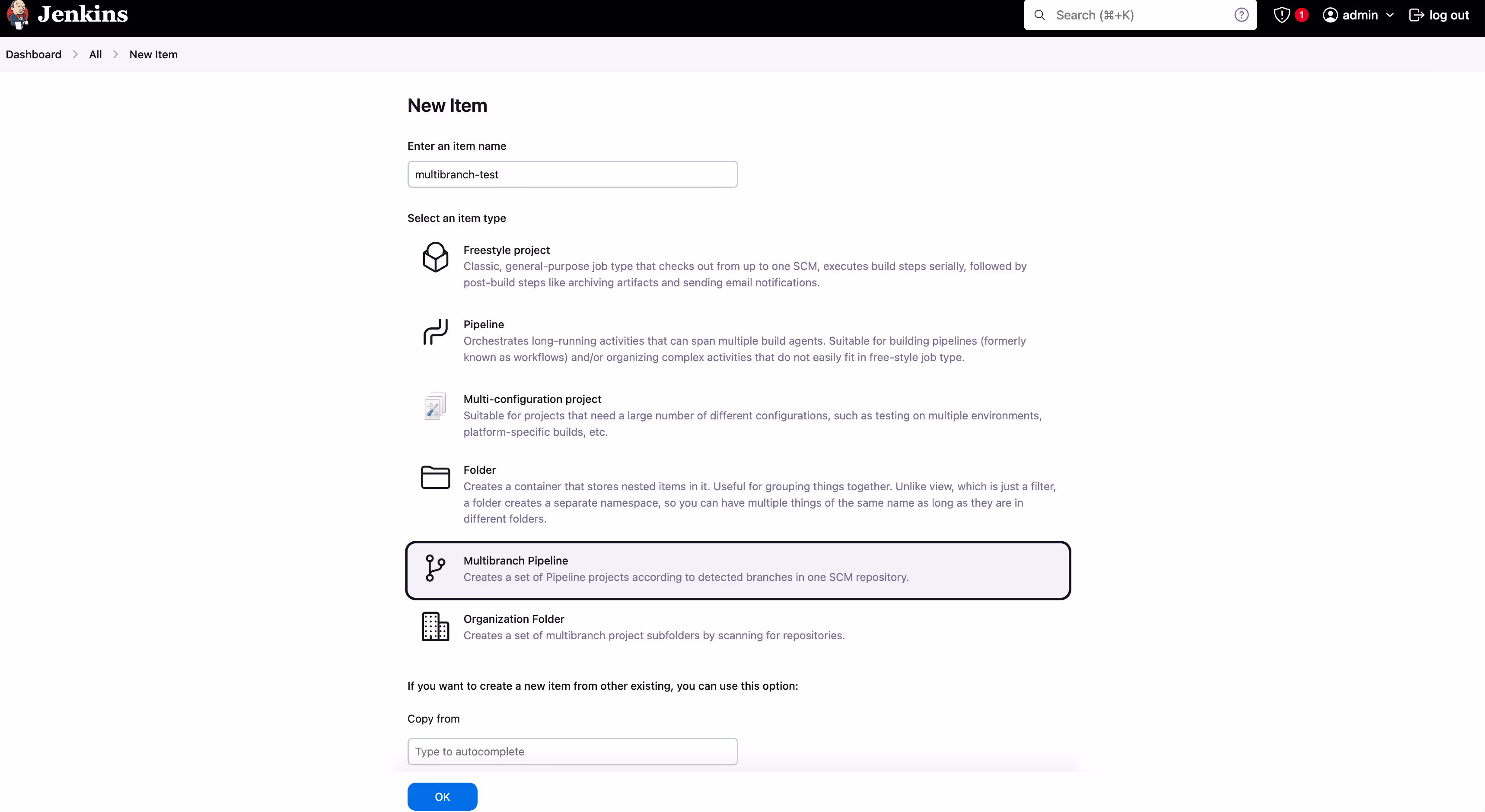 Screenshot showing the "Multibranch Pipeline" on a Jenkins homepage