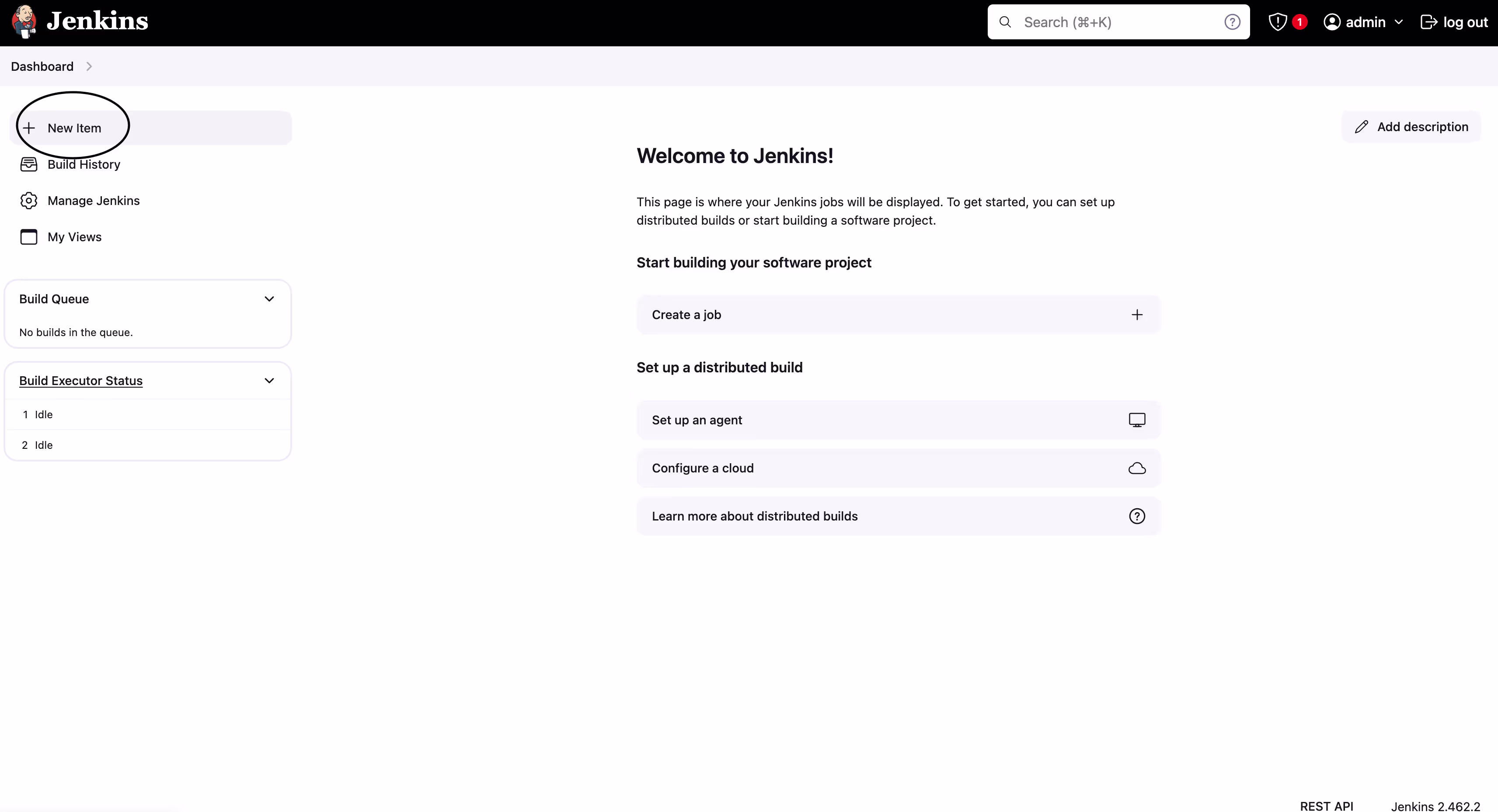 Screenshot highlighting the "new item" option on a Jenkins page