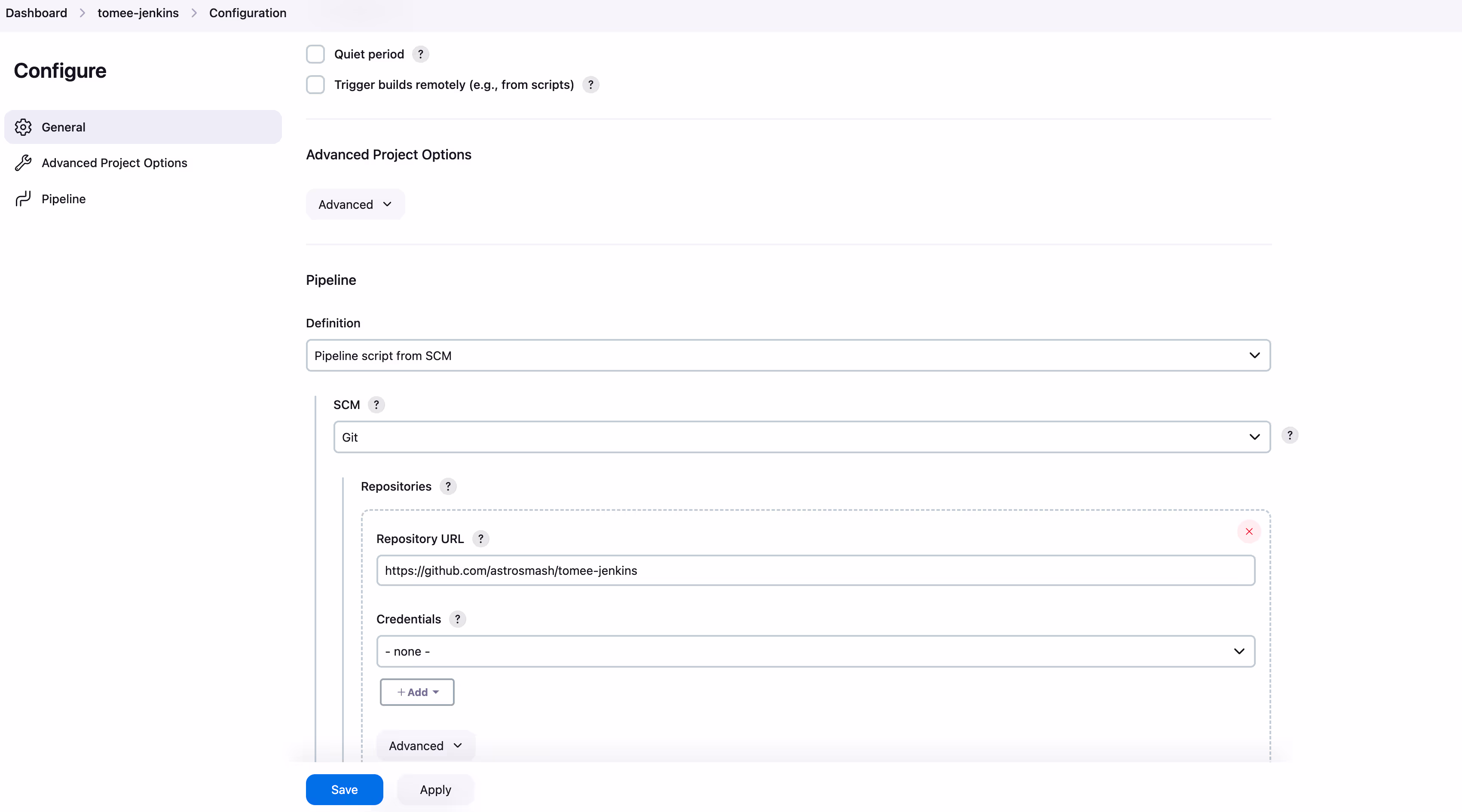 Screenshot showing the "Pipeline" option to be filled