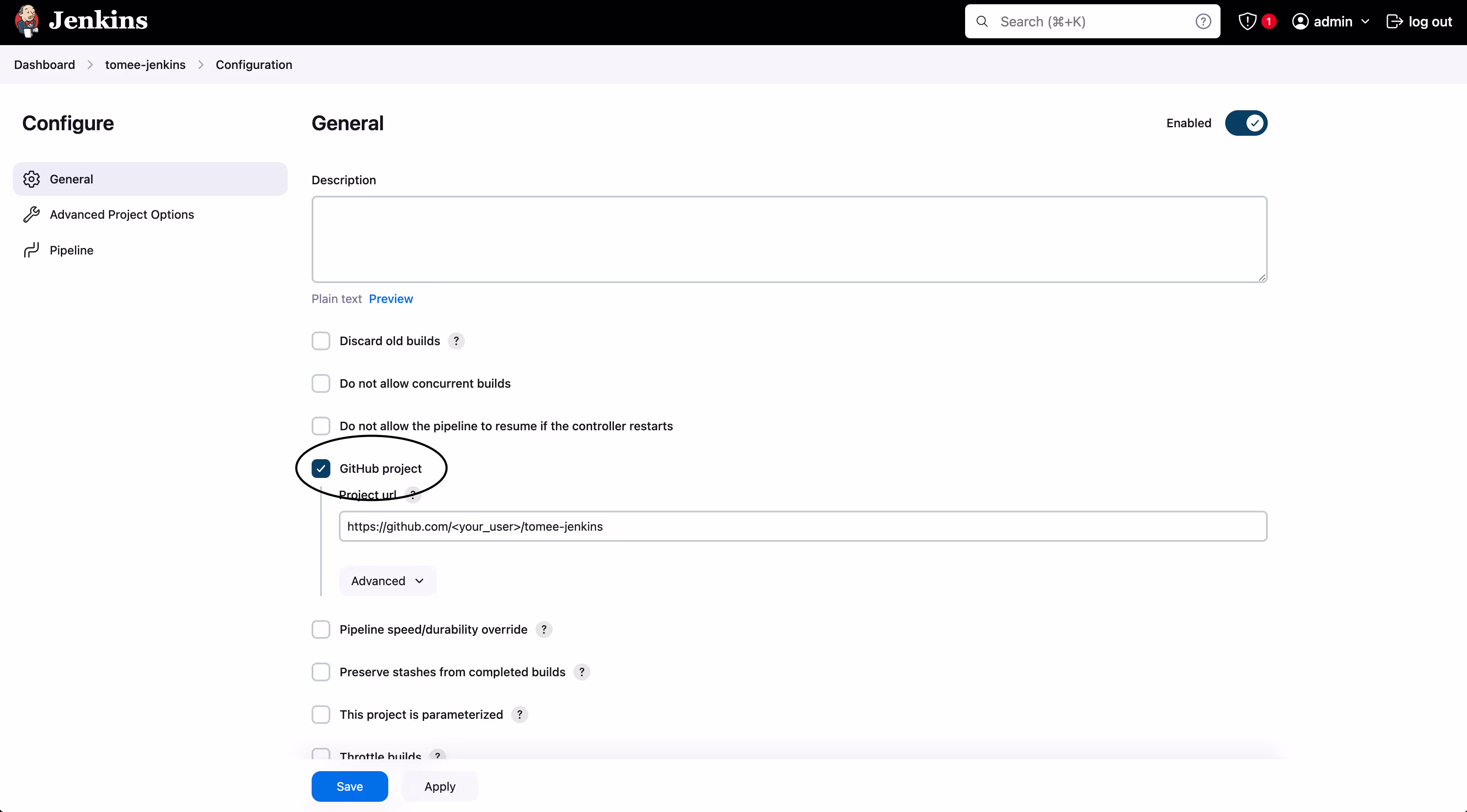 Screenshot highlighting the "GitHub project" option on a General configuration page