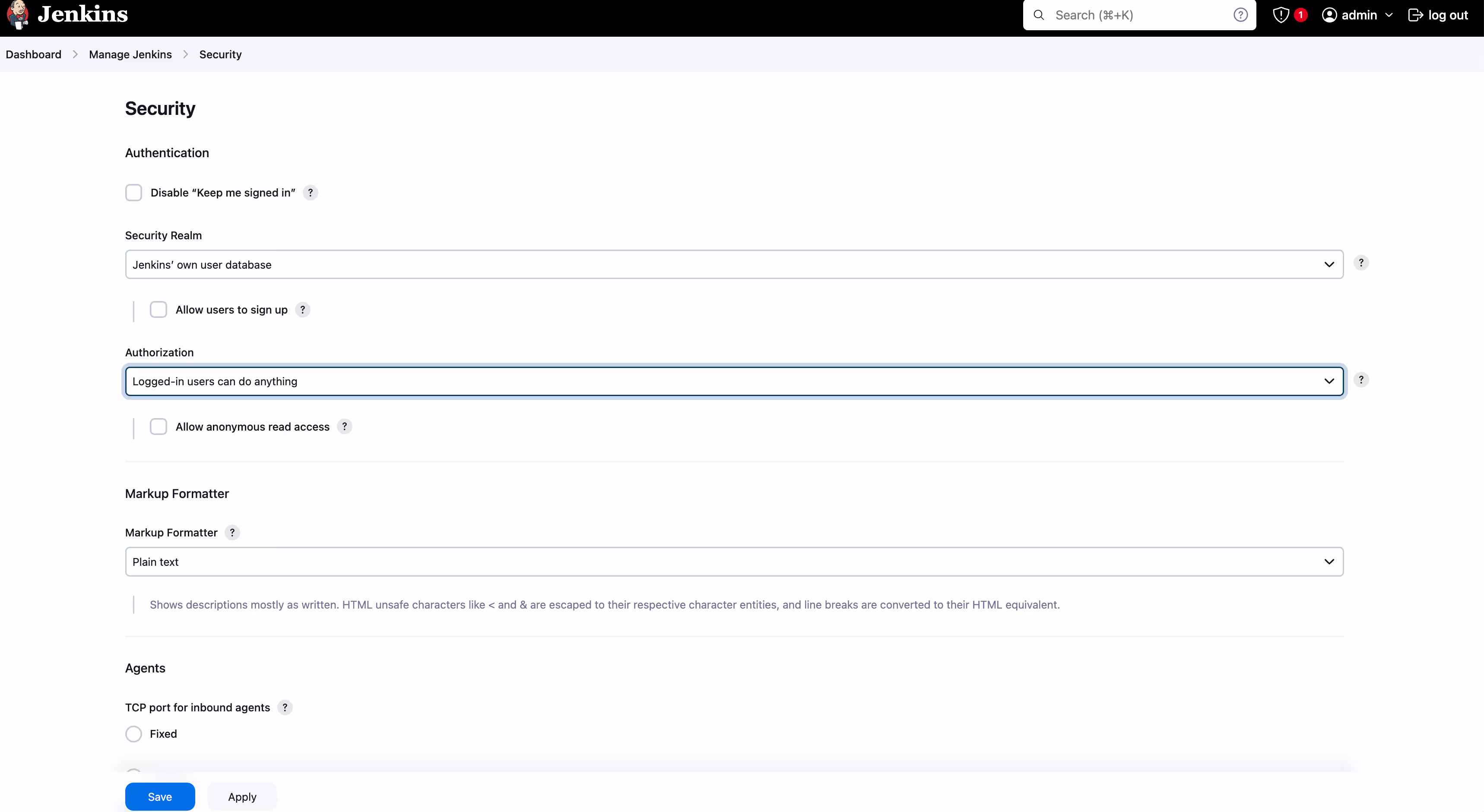 Screenshot showing the Jenkins "Security" page