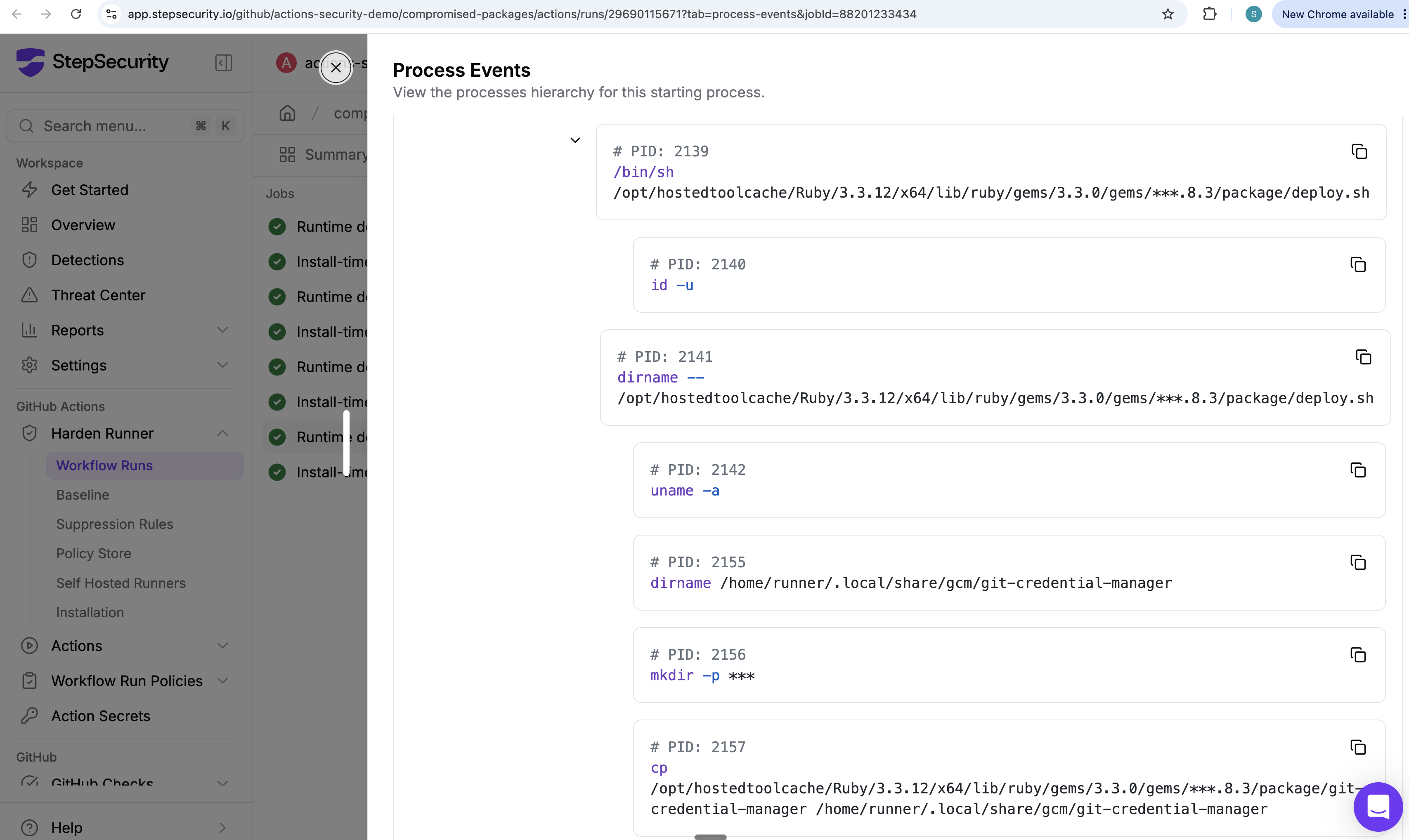 Harden-Runner process events showing deploy.sh running id, dirname, uname, mkdir, and copying the downloaded git-credential-manager binary into the hidden gcm directory