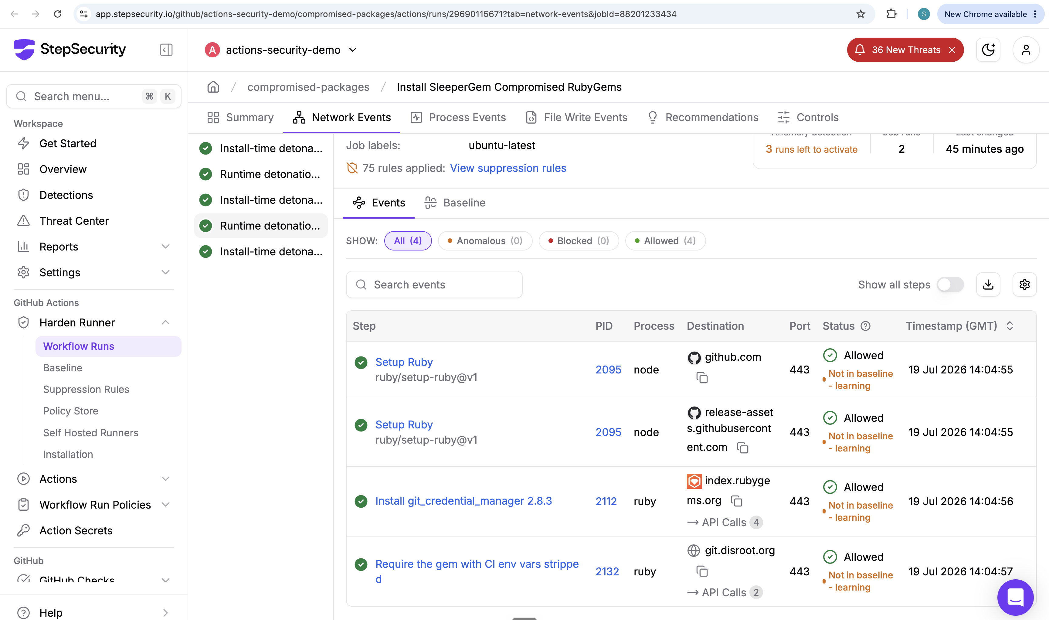 Harden-Runner network events list for the runtime job showing outbound calls to github.com, release-assets.githubusercontent.com, index.rubygems.org, and git.disroot.org