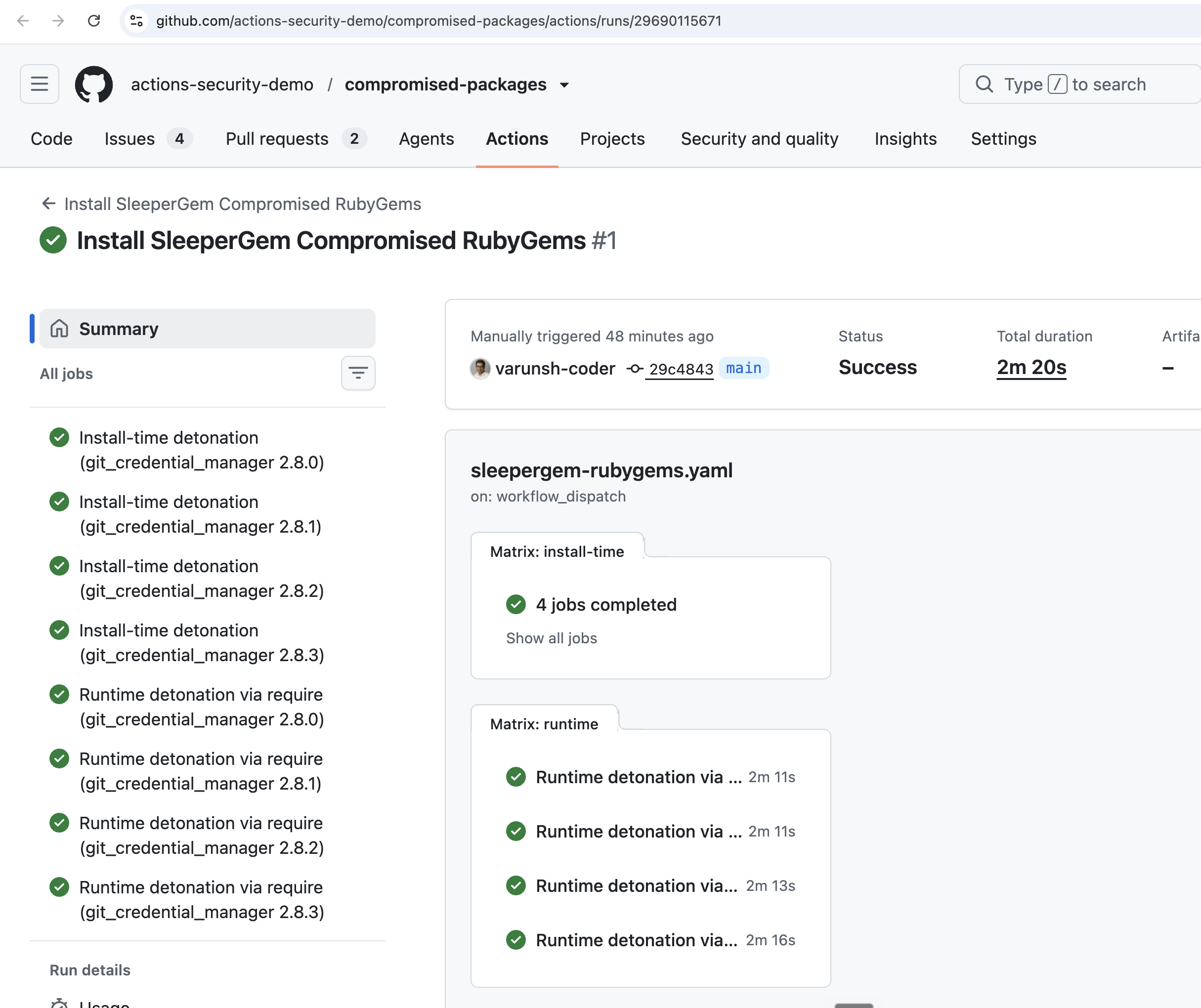 GitHub Actions run summary for the Install SleeperGem Compromised RubyGems workflow showing all install-time and runtime detonation jobs completed successfully