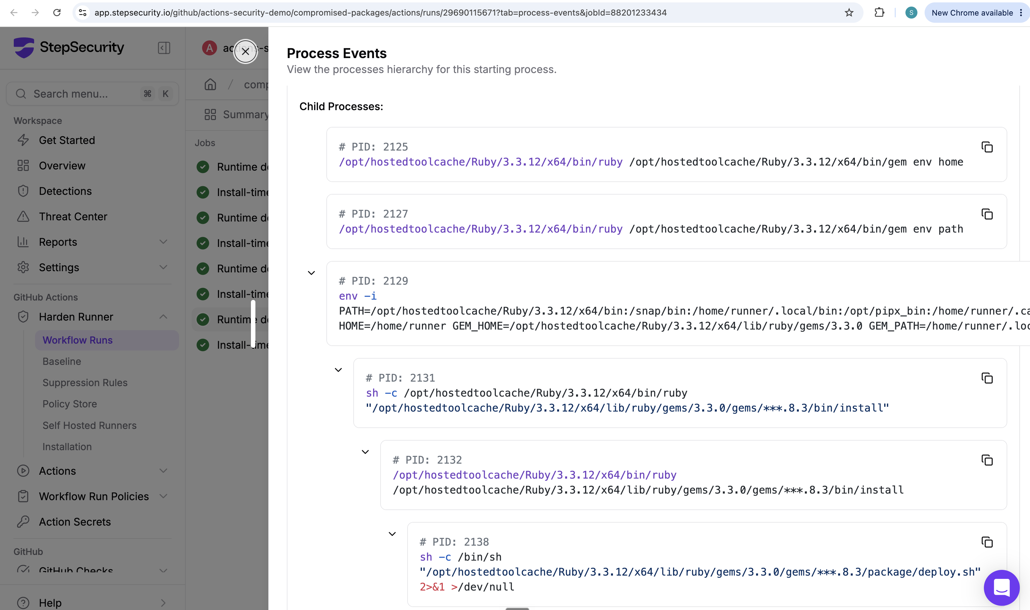 Harden-Runner process events showing the require call under a stripped environment spawning a child Ruby process that runs the gem bin/install script, which then runs deploy.sh