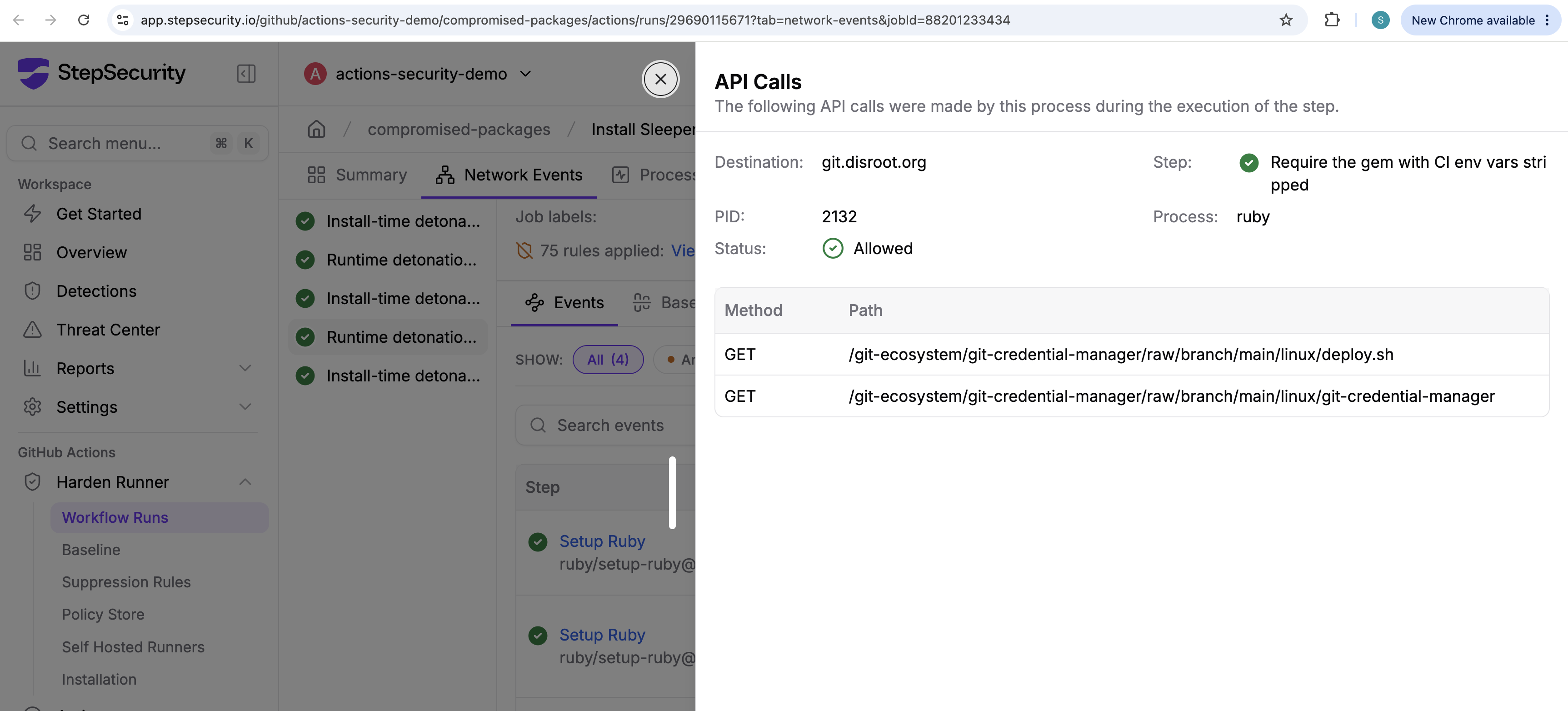Harden-Runner API call detail showing two GET requests to git.disroot.org for deploy.sh and the git-credential-manager binary