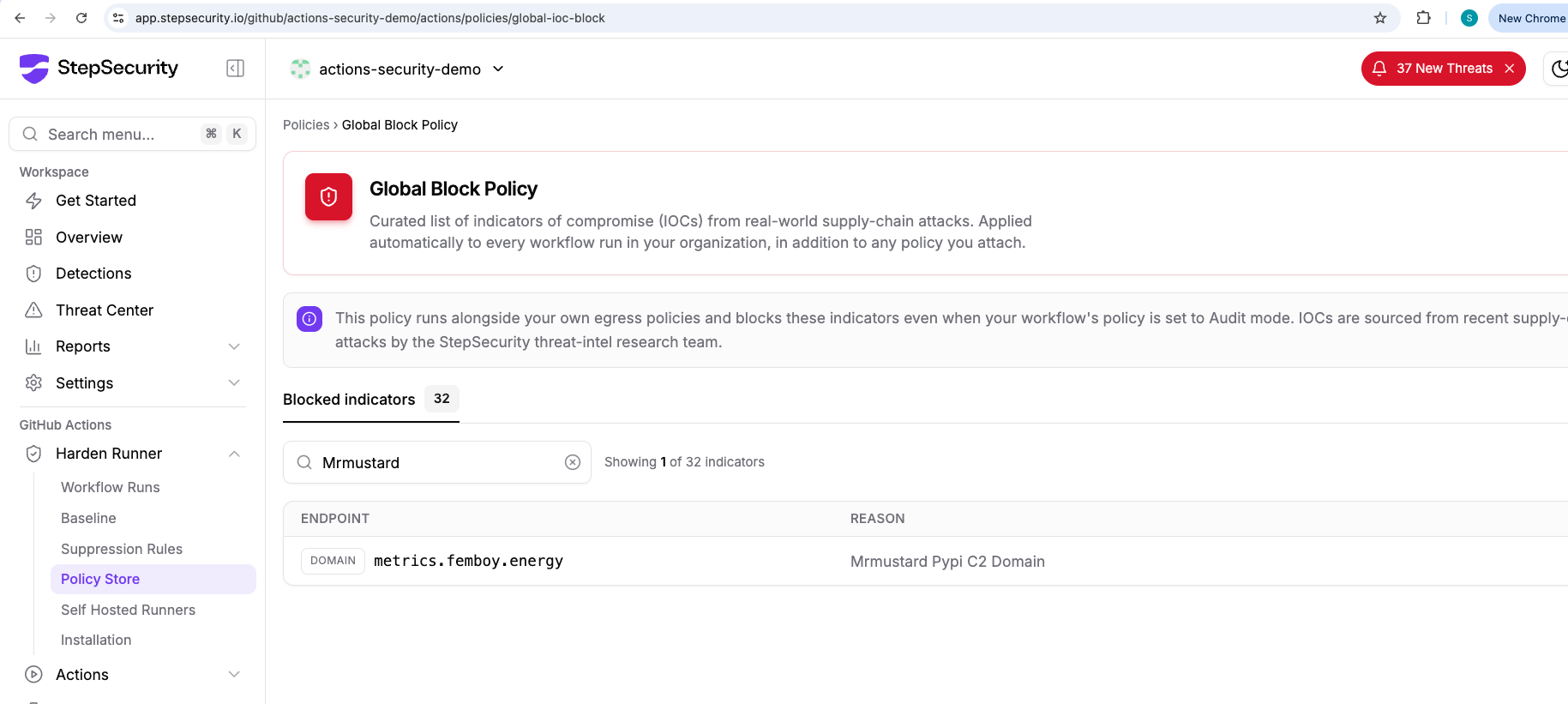 StepSecurity Global Block Policy dashboard showing metrics.femboy.energy as a blocked indicator with reason Mrmustard Pypi C2 Domain
