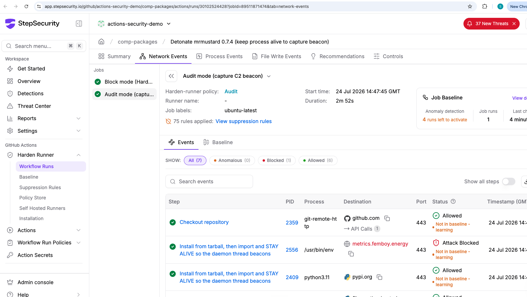 StepSecurity Harden-Runner Network Events in audit mode showing metrics.femboy.energy marked Attack Blocked, with github.com and pypi.org allowed