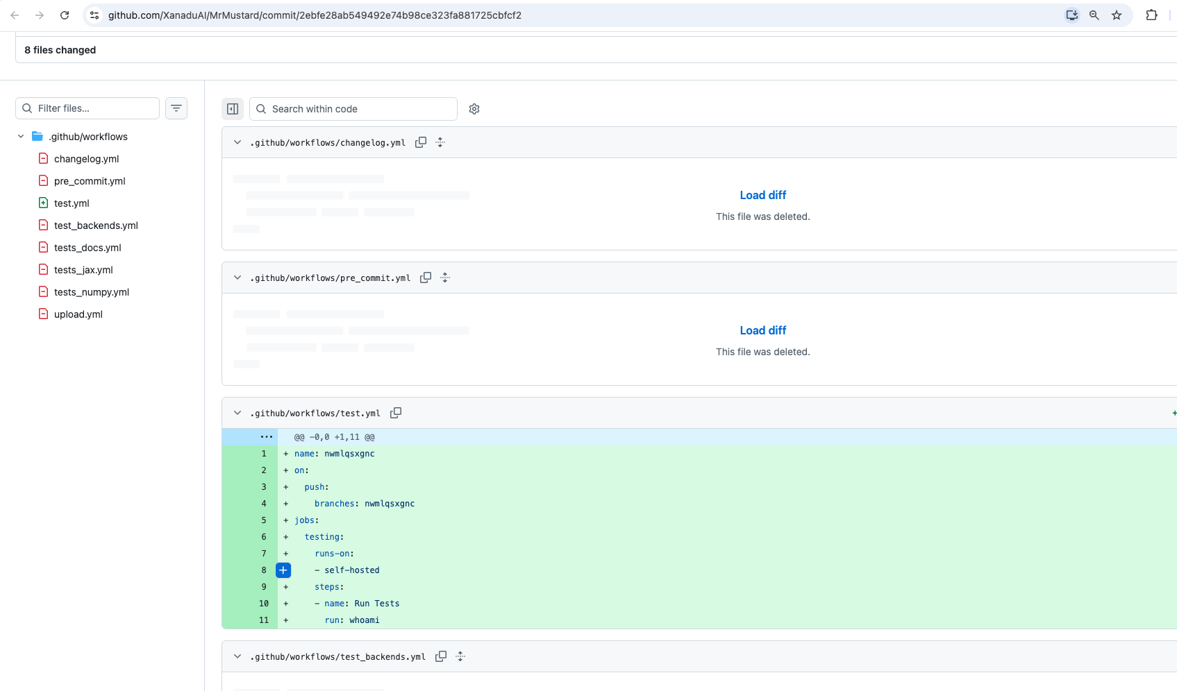 Commit 2ebfe28 on GitHub showing seven deleted workflow files and a new workflow that runs whoami on self-hosted runners