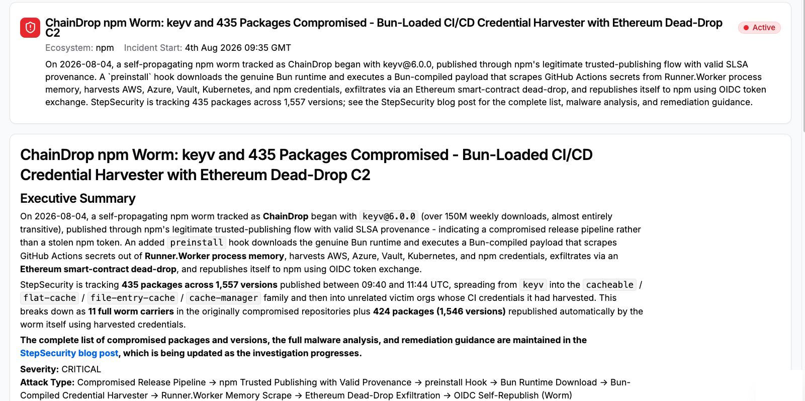 StepSecurity Threat Center incident record for the ChainDrop npm worm showing severity CRITICAL and the executive summary
