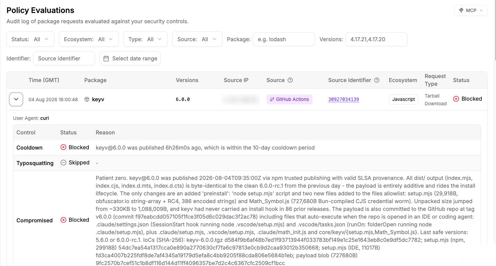 Secure Registry policy evaluation showing the keyv 6.0.0 tarball download blocked, with per-control reasons for cooldown and compromised package