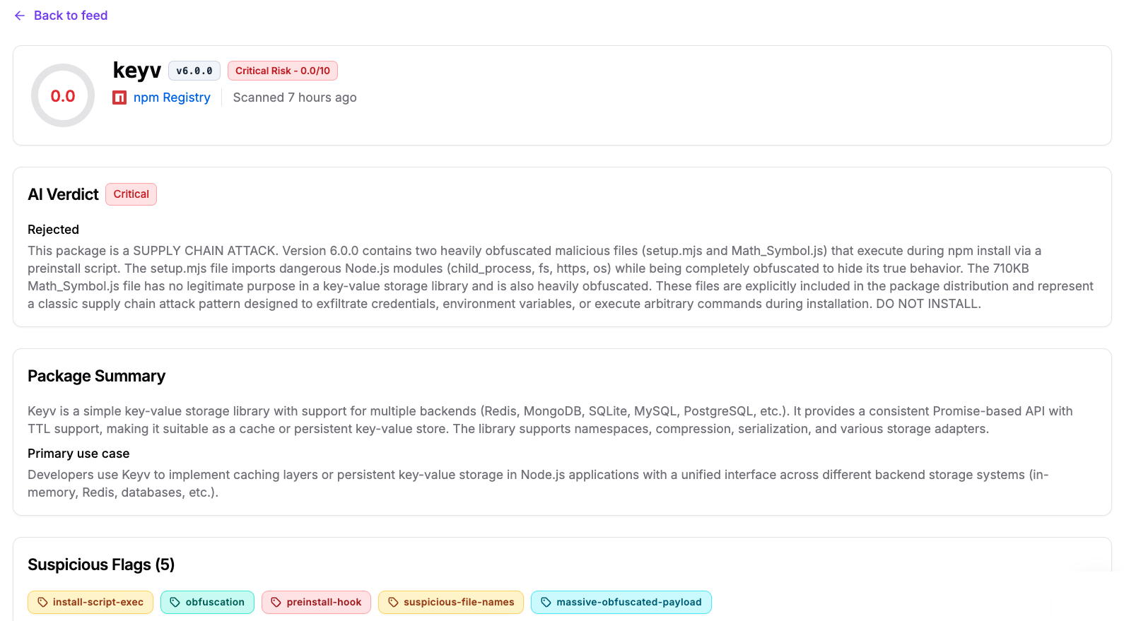 StepSecurity AI Package Analyst verdict for keyv 6.0.0 showing Critical risk, a Rejected AI verdict describing the supply chain attack, and five suspicious flags